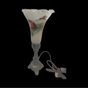 Art Nouveau Style Hummingbird and Tulip Frosted Glass Table Lamp w/ Metal Base